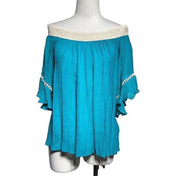 Umgee Off the Shoulder Pleated Shabby Chic Boho blouse Size Small - Picture 1 of 5